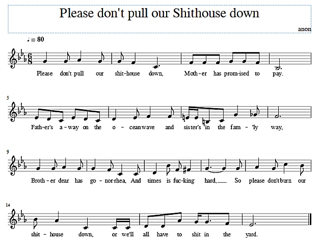 Score of Please don't pull our shithouse down