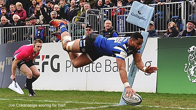 Joe Cokanasiga scoring for Barf.