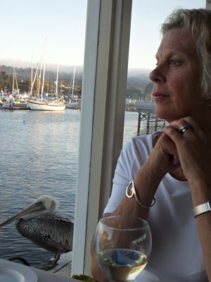 Sue and pelican at Fishermans Wharf